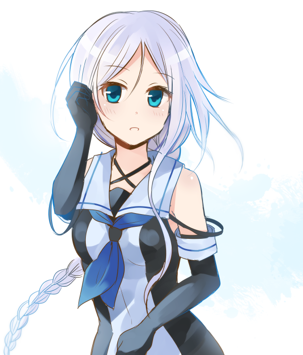 1girl, bad_id, bad_pixiv_id, black_gloves, blue_eyes, blue_neckwear, braid, braided_ponytail