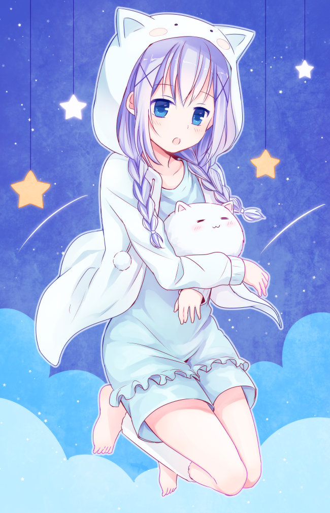 1girl, :o, animal, animal_ears, animal_hood, bad_id, bad_pixiv_id, barefoot