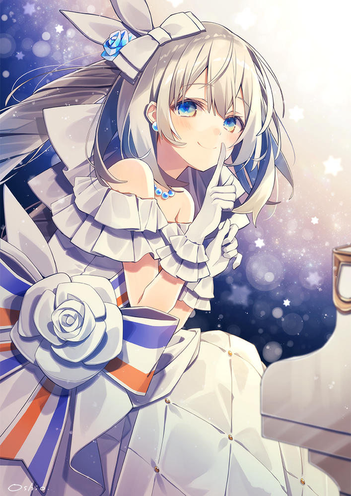 1girl, artist_name, bare_shoulders, bead_necklace, beads, blue_eyes, blue_flower, blue_rose