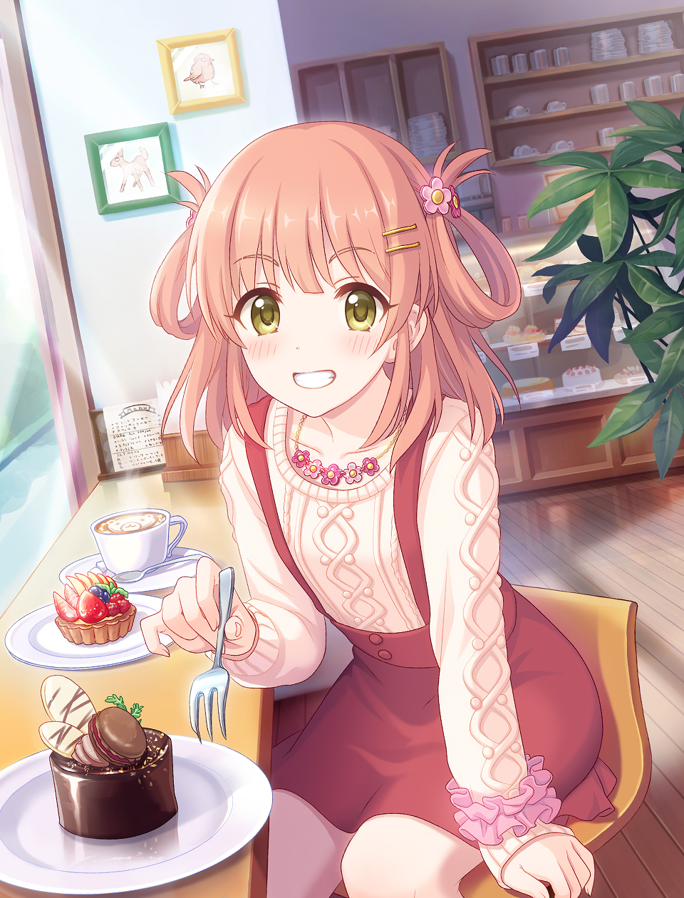1girl, blush, brown_hair, cake, casual, chair, chocolate_cake, coffee