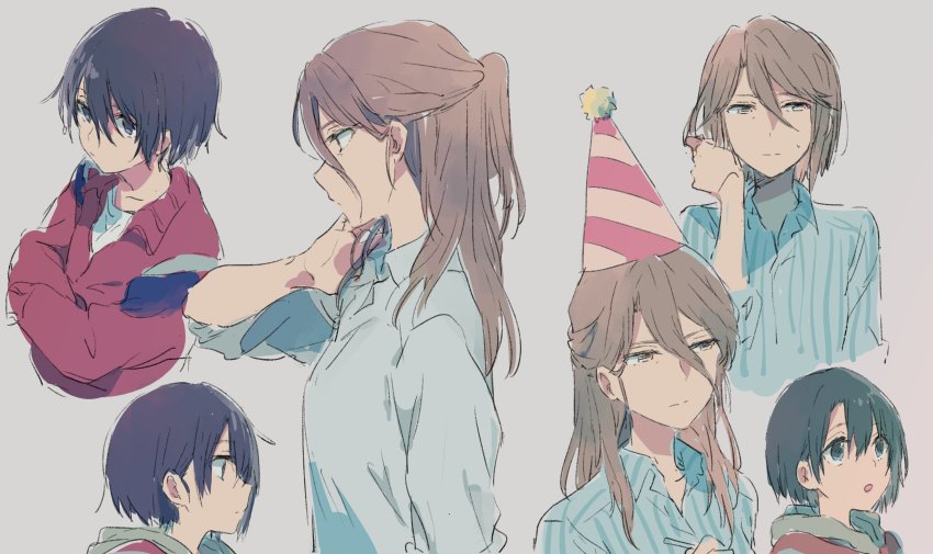 2girls, alternate_hairstyle, black_eyes, black_hair, blue_shirt, brown_hair, closed_mouth, commentary_request, embarrassed, grey_background, hair_between_eyes, hand_up, hat, highres, jacket, koe_no_katachi, long_hair, long_sleeves, looking_at_viewer, multiple_girls, musshu_(omu001), nishimiya_yaeko, nishimiya_yuzuru, parted_lips, party_hat, profile, red_jacket, shirt, short_hair, simple_background, sketch, sleeves_past_wrists, sweatdrop