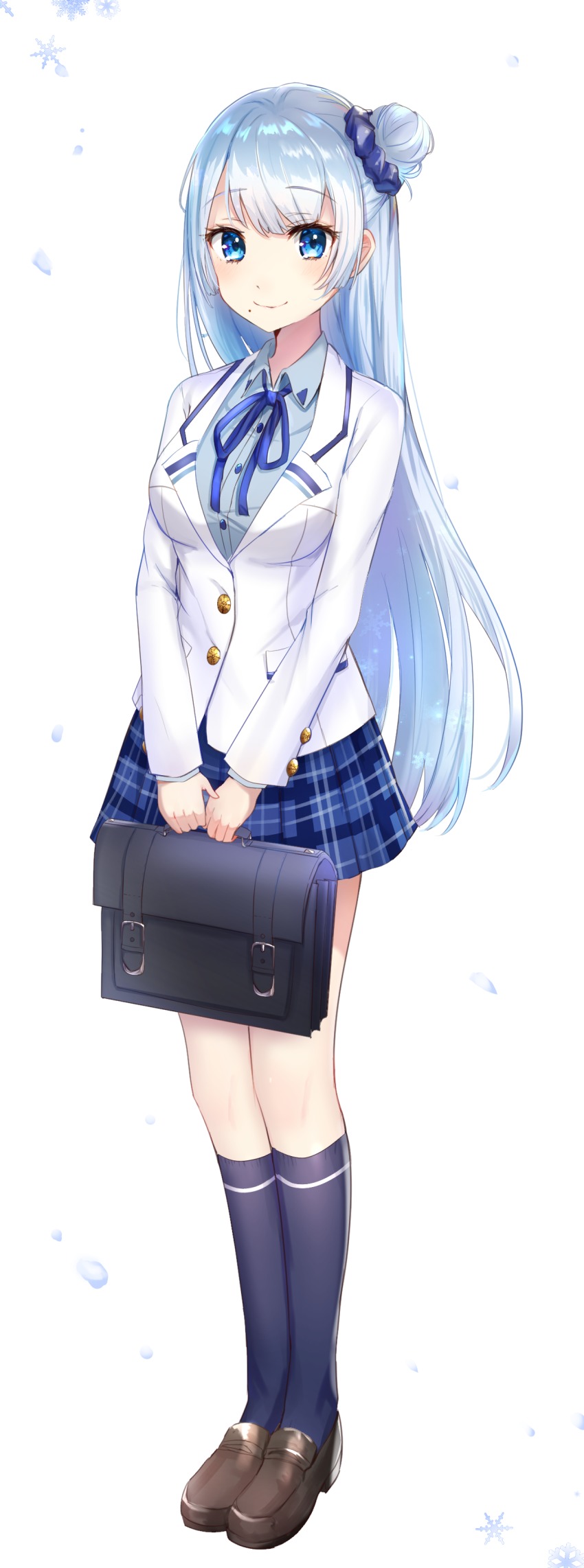 1girl, absurdres, bag, blazer, blue_eyes, blue_hair, blue_ribbon, blue_scrunchie, blue_shirt, blue_skirt, blue_socks, breasts, briefcase, brown_shoes, closed_mouth, collared_shirt, commentary_request, dress_shirt, female_focus, full_body, hair_between_eyes, hair_bun, hair_ornament, hair_scrunchie, highres, holding, holding_bag, jacket, kneehighs, loafers, long_hair, medium_breasts, mole, mole_under_eye, neck_ribbon, nijisanji, omelet_tomato, plaid_clothes, plaid_skirt, pleated_skirt, ribbon, school_briefcase, scrunchie, setsuna_(2nd_costume)_(nijisanji), setsuna_(nijisanji), shirt, shoes, side_bun, single_hair_bun, single_side_bun, skirt, smile, snowflakes, socks, solo, standing, very_long_hair, virtual_youtuber, white_background, white_jacket
