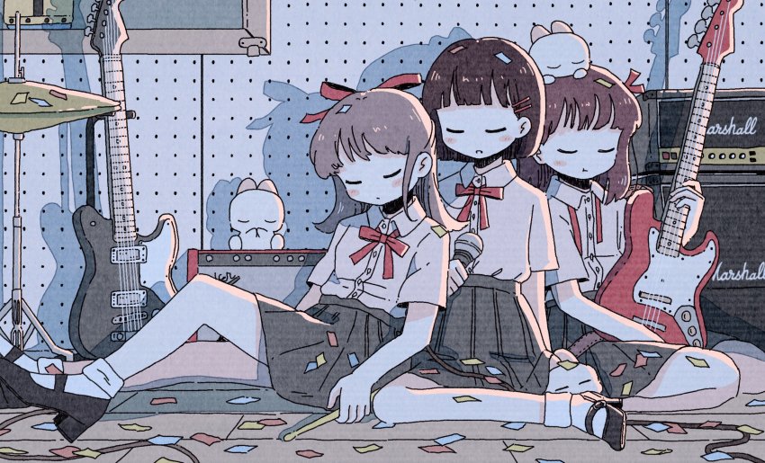 3girls, black_footwear, black_hair, black_skirt, blunt_bangs, brown_hair, closed_eyes, collared_shirt