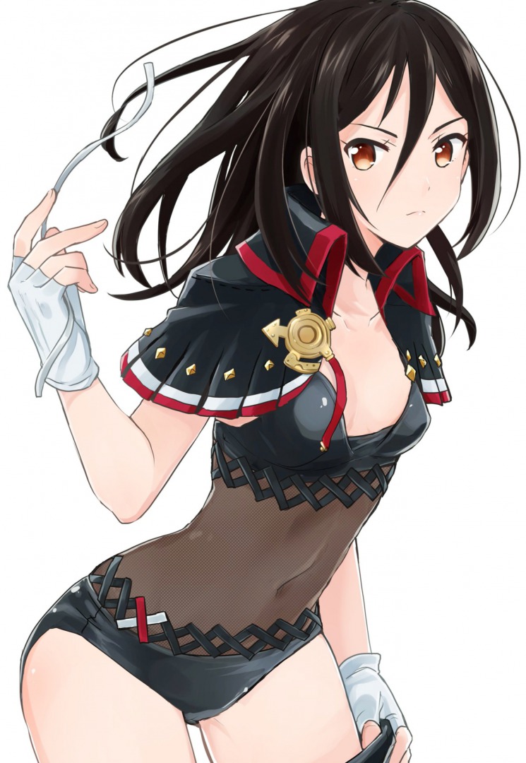 1girl, bad_id, bad_pixiv_id, black_one-piece_swimsuit, breasts, brown_eyes, brown_hair, closed_mouth, collarbone, female_focus, fingerless_gloves, gloves, hairband, long_hair, looking_at_viewer, madanai_(morisumeshi), midriff, military, military_uniform, morag_ladair_(obligatory_leave)_(xenoblade), morag_ladair_(xenoblade), nintendo, one-piece_swimsuit, simple_background, small_breasts, solo, swimsuit, undressing, white_background, xenoblade_chronicles_(series), xenoblade_chronicles_2