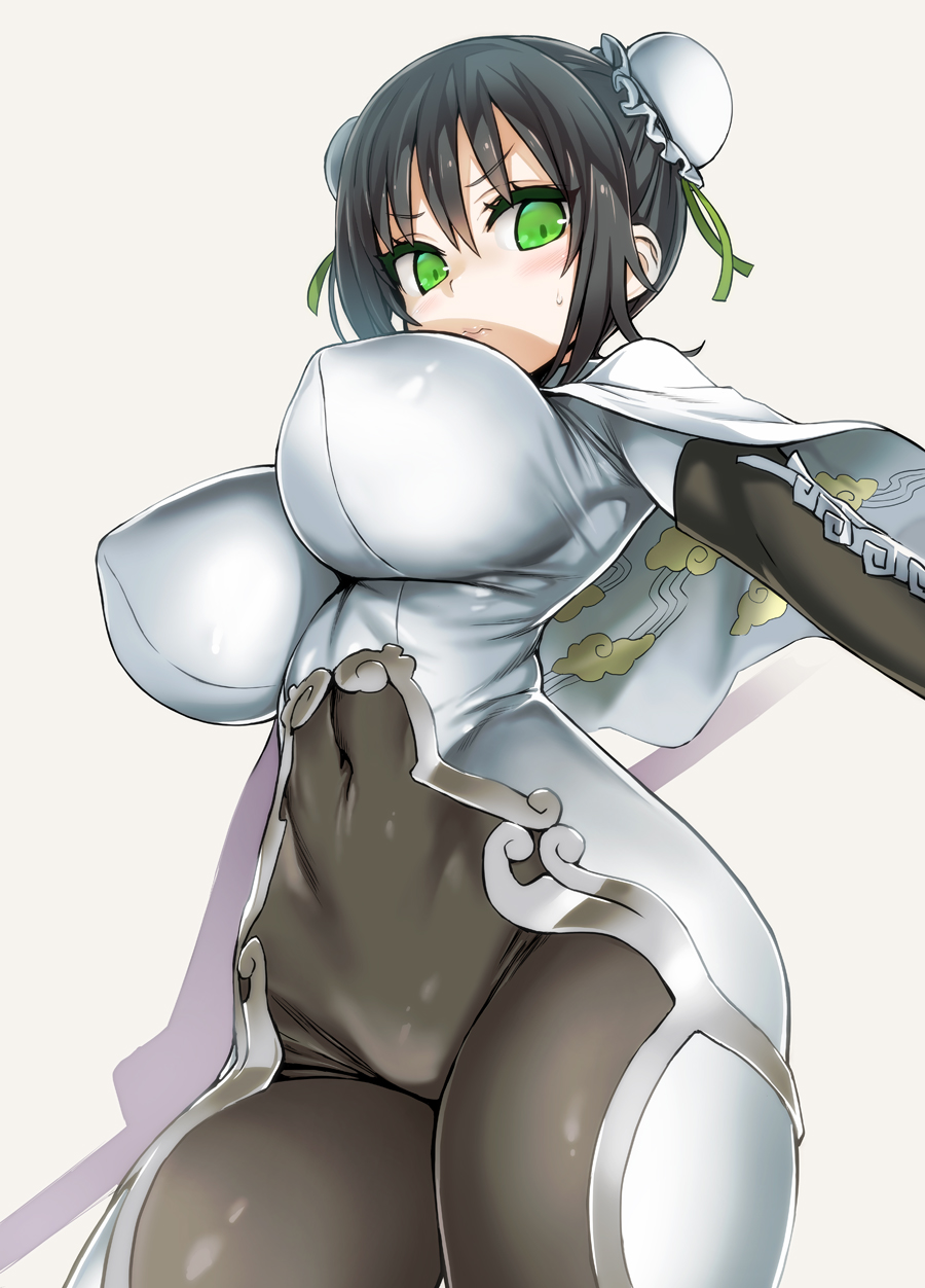 1girl, arm_guards, asanagi, black_hair, blush, bodysuit, breasts, bun_cover