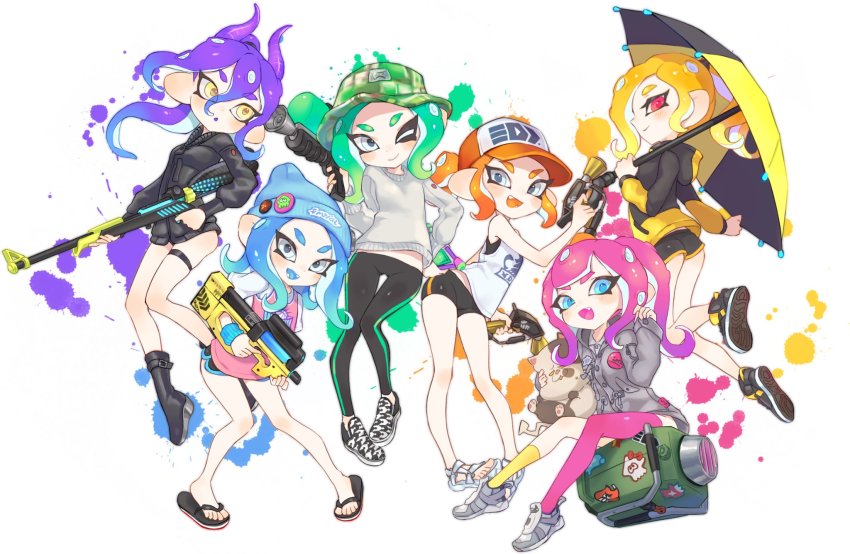 6+girls, ass, asymmetrical_hair, beanie, bike_shorts, blonde_hair, blue_eyes, blue_hair, blush, boots, eyes_visible_through_hair, fake_horns, fangs, gluteal_fold, green_hair, hat, hero_charger_(splatoon), hero_shot_(splatoon_1), highres, holding, holding_weapon, hood, hoodie, horns, jacket, jtveemo, long_hair, looking_at_viewer, medium_hair, multiple_girls, nintendo, octoling, octoling_girl, octoling_player_character, one_eye_closed, open_mouth, orange_hair, pants, pink_hair, purple_hair, red_eyes, sandals, shoes, short_shorts, shorts, simple_background, sitting, slosher_(splatoon), smile, sneakers, splat_brella_(splatoon), splat_dualies_(splatoon), splatoon_(series), splatoon_2, splattershot_(splatoon), suction_cups, sweater, tank_top, thigh_gap, tight_clothes, tight_pants, umbrella, undershirt, weapon, white_background, yellow_eyes
