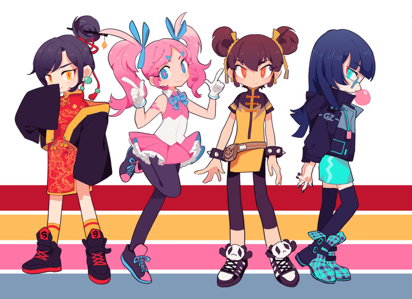 4girls, ankle_boots, annotated, aqua_eyes, arms_behind_back, black_hair, black_leggings, blowing_bubbles, blue_eyes, blue_hair, boots, borrowed_character, bracelet, brown_hair, chengou_hunters, chewing_gum, china_dress, chinese_clothes, commentary, double_bun, dress, english_commentary, fang, finger_gun, flat_chest, full_body, glasses, gloves, guangzhou_charge, hair_bun, hair_ribbon, hangzhou_spark, hime_cut, idol, jacket, jewelry, leggings, long_hair, long_sleeves, multiple_girls, ojou-sama_pose, orange_eyes, orange_socks, overwatch, overwatch_1, overwatch_league, panda, pantyhose, parted_bangs, pink_dress, pink_hair, red_dress, ribbon, rye-beer, shanghai_dragons, shoes, short_hair, single_hair_bun, sleeves_past_wrists, sneakers, socks, spiked_bracelet, spikes, swept_bangs, thighhighs, twintails, white_gloves, wide_sleeves, yellow_eyes, zettai_ryouiki
