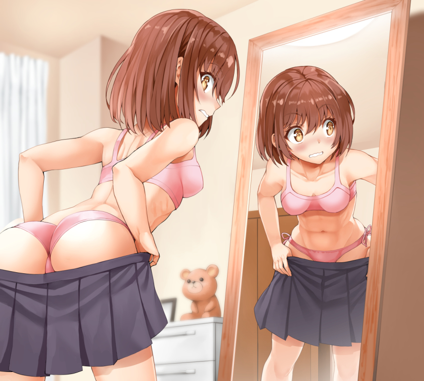 1girl, abs, ass, bare_shoulders, blush, bra, breasts, brown_eyes, brown_hair, collarbone, drawer, embarrassed, hair_between_eyes, leaning_forward, looking_at_viewer, medium_breasts, mirror, multiple_views, murata_taichi, navel, open_mouth, original, panties, partially_undressed, pink_bra, pink_panties, pleated_skirt, reflection, ribs, short_hair, side-tie_panties, sidelocks, skirt, stuffed_animal, stuffed_toy, teddy_bear, toned, underwear, undressing