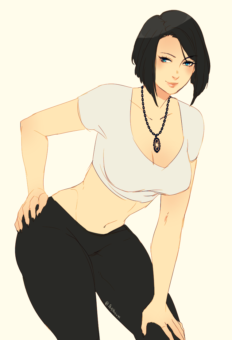 1girl, artist_name, ayshiun, black_hair, black_nails, black_pants, blue_eyes, blush, breasts, cleavage, closed_mouth, cowboy_shot, female_focus, groin, hand_on_own_thigh, jewelry, leaning_forward, legs, legs_apart, looking_at_viewer, medium_breasts, midriff, nail_polish, necklace, pants, pendant, sally_anne, sally_anne_hayes, shirt, short_hair, simple_background, smile, solo, standing, thighs, toned, white_background, white_shirt, yoga_pants