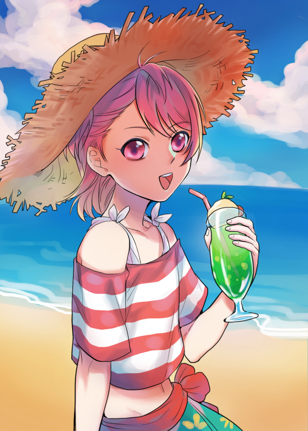 1boy, androgynous, beach, blush, cloud, day, dinn_(db317), drink