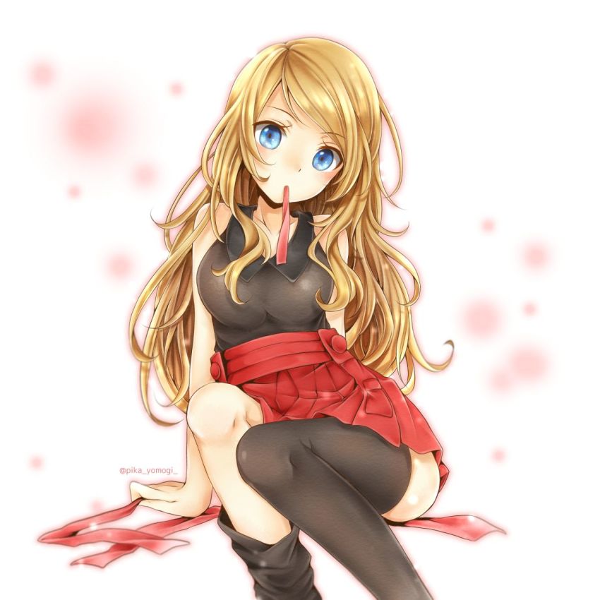 1girl, black_shirt, black_thighhighs, blonde_hair, blue_eyes, blush, breasts, female_focus