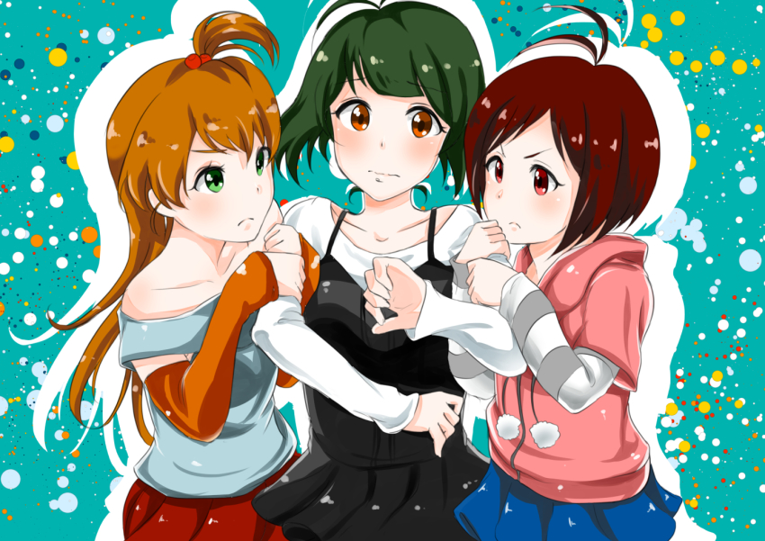 1boy, 2girls, akizuki_ryo, angry, antenna_hair, arm_grab, black_dress, blouse