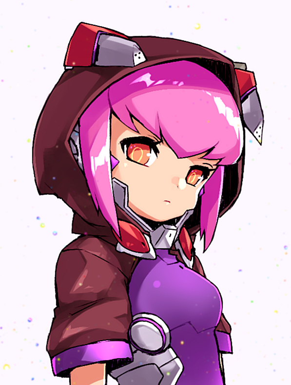 1girl, bodysuit, breasts, brown_eyes, brown_jacket, closed_mouth, ena_(p&amp;d), female_focus, grey_background, head_tilt, headgear, hood, hood_up, hooded_jacket, jacket, long_hair, pikomarie, pink_hair, purple_bodysuit, puzzle_&amp;_dragons, ringed_eyes, short_sleeves, sidelocks, simple_background, small_breasts, solo, upper_body