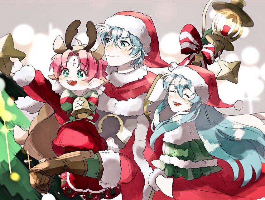 +_+, 1boy, 2girls, antlers, aqua_eyes, aqua_hair, bell, bow