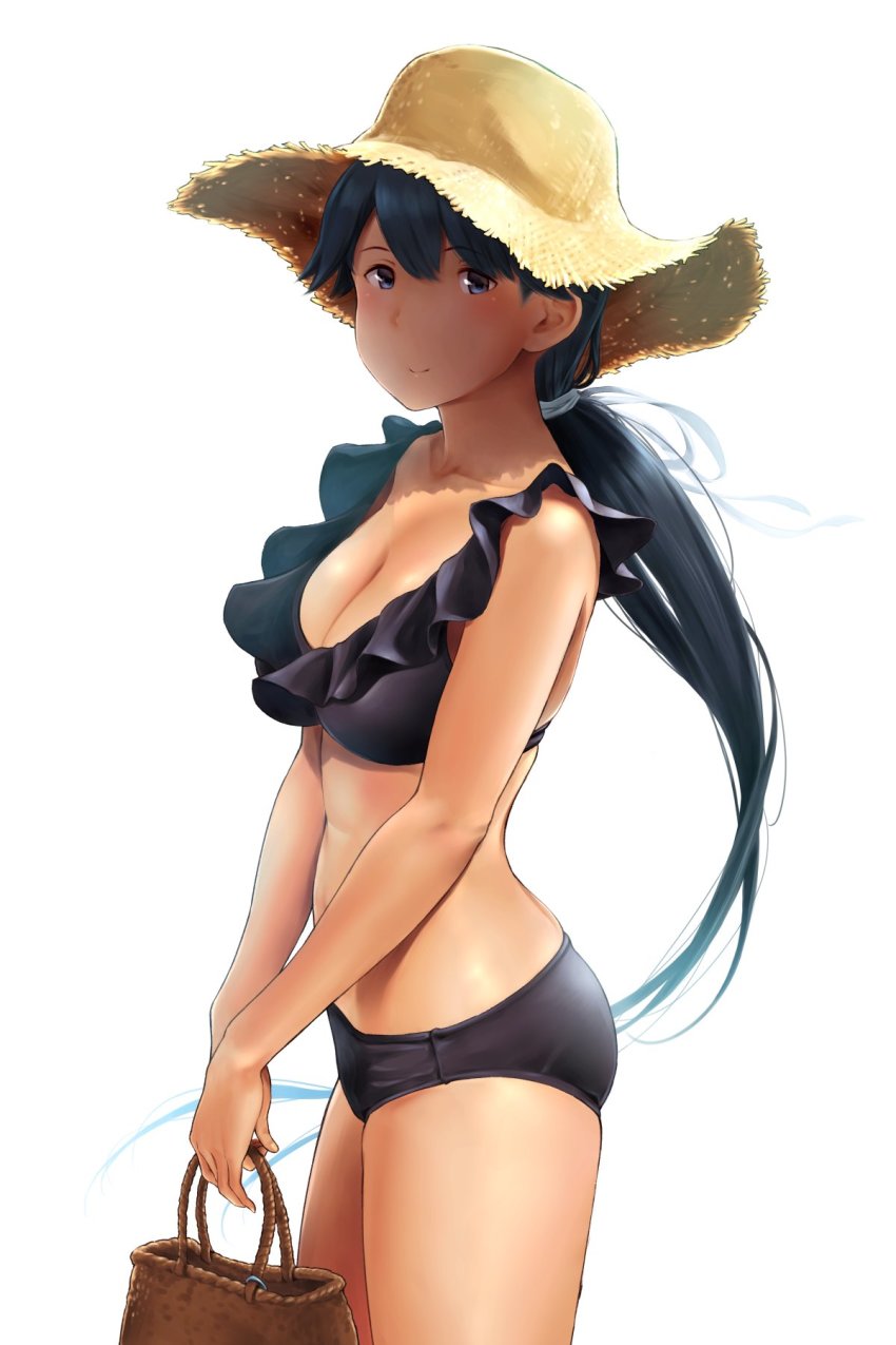 1girl, alternate_breast_size, alternate_costume, arms_behind_back, bag, bikini, black_bikini, black_hair