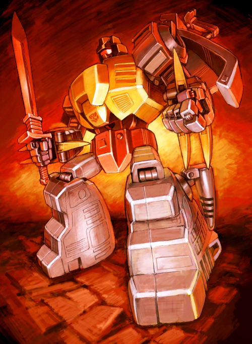1980s_(style), assault_visor, autobot, claws, clenched_hand, commentary_request, grimlock, insignia