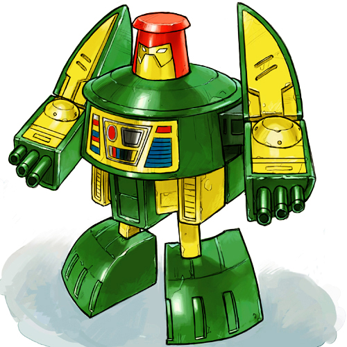 1980s_(style), autobot, commentary_request, cosmos_(transformers), handcannon, insignia, lowres, mecha