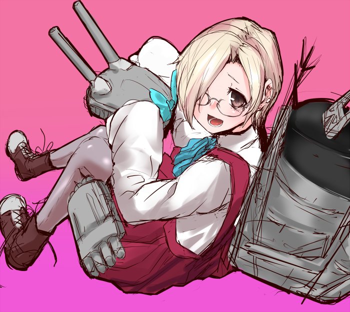 1girl, :d, asymmetrical_hair, blonde_hair, blue_bow, blue_bowtie, boots, bow, bowtie, brown_boots, brown_eyes, cannon, character_request, cosplay, female_focus, from_side, glasses, grey_pantyhose, hair_over_one_eye, idolmaster, idolmaster_cinderella_girls, kantai_collection, long_sleeves, looking_at_viewer, makigumo_(kancolle), makigumo_(kancolle)_(cosplay), one_eye_covered, open_mouth, pantyhose, pink_background, red_skirt, rigging, semi-rimless_eyewear, shirasaka_koume, short_hair, simple_background, sketch, skirt, smile, solo, soubi, suspender_skirt, suspenders, trait_connection, under-rim_eyewear