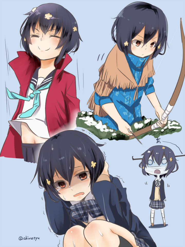 10s, 1girl, akino_shuu, bandages, black_hair, blazer, bow, bow_(weapon)