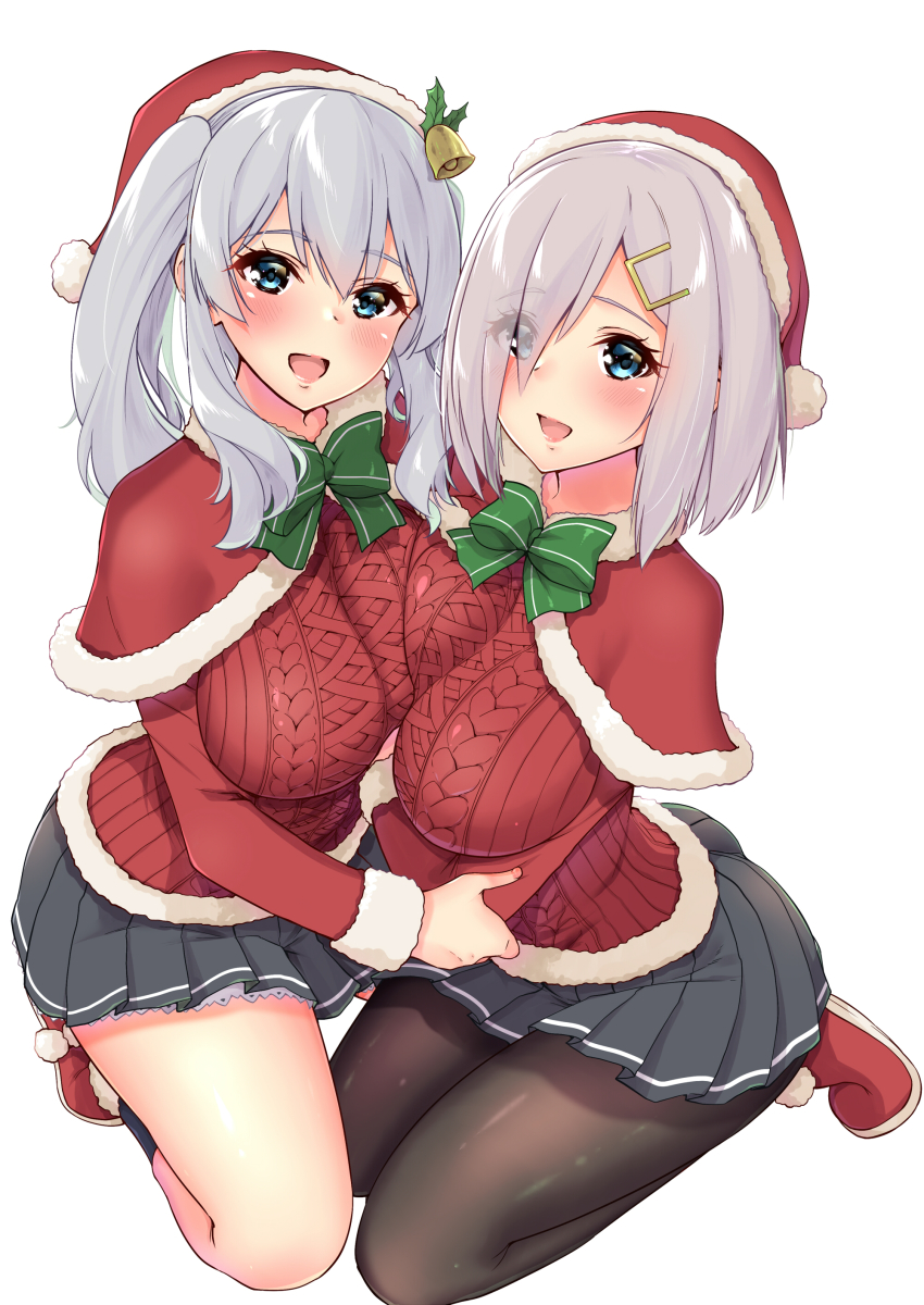 2girls, :d, absurdres, black_legwear, blue_eyes, blush, breast_press, breasts