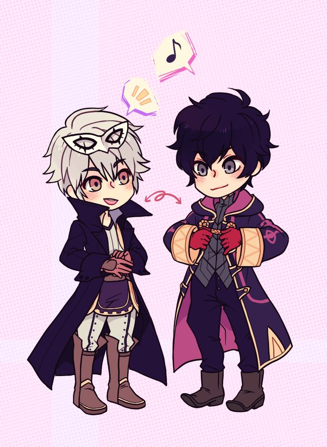 10s, 2boys, alisha_(heirror), amamiya_ren, amamiya_ren_(cosplay), black_hair, blush, chibi, coat, cosplay, costume_switch, fire_emblem, fire_emblem_awakening, gloves, hood, male_focus, male_robin_(fire_emblem), male_robin_(fire_emblem)_(cosplay), mask, multiple_boys, nintendo, open_mouth, persona, persona_5, red_eyes, robe, short_hair, simple_background, smile, super_smash_bros.