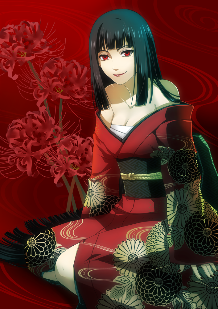 1girl, black_hair, blunt_bangs, breasts, cleavage, collarbone, female_focus, floral_print