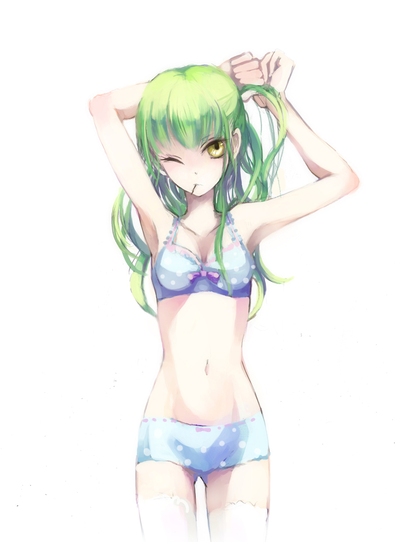 00s, 1girl, armpits, bad_id, bad_pixiv_id, bra, c.c., code_geass