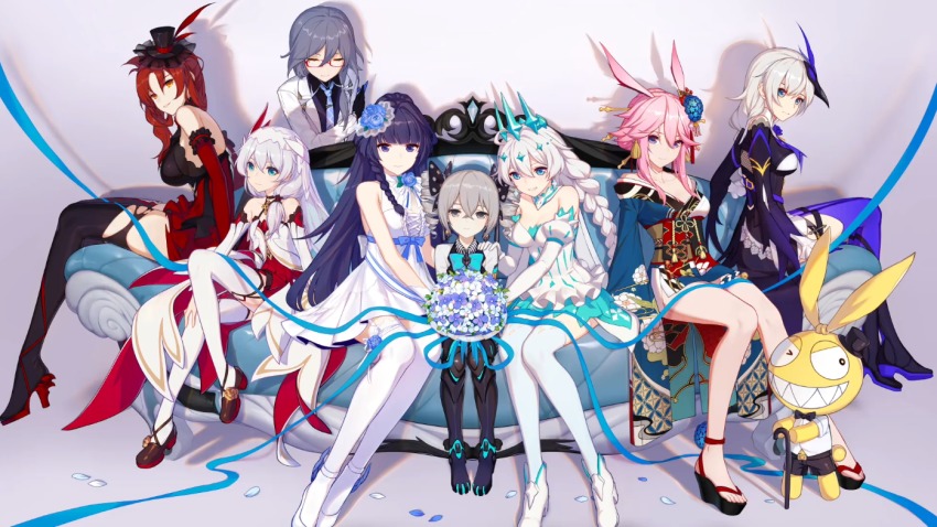 6+girls, black_legwear, bouquet, bronya_zaychik, bronya_zaychik_(wolf's_dawn), dress, flower, fu_hua