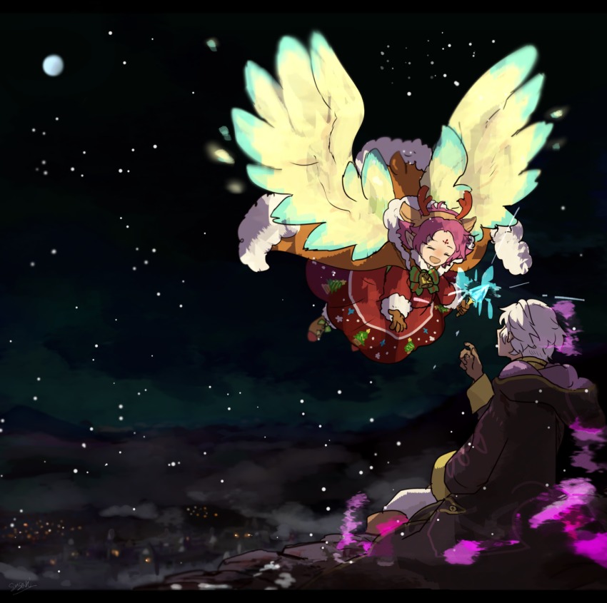 1boy, 1girl, alternate_costume, animal_costume, antlers, cape, dark_persona, dress