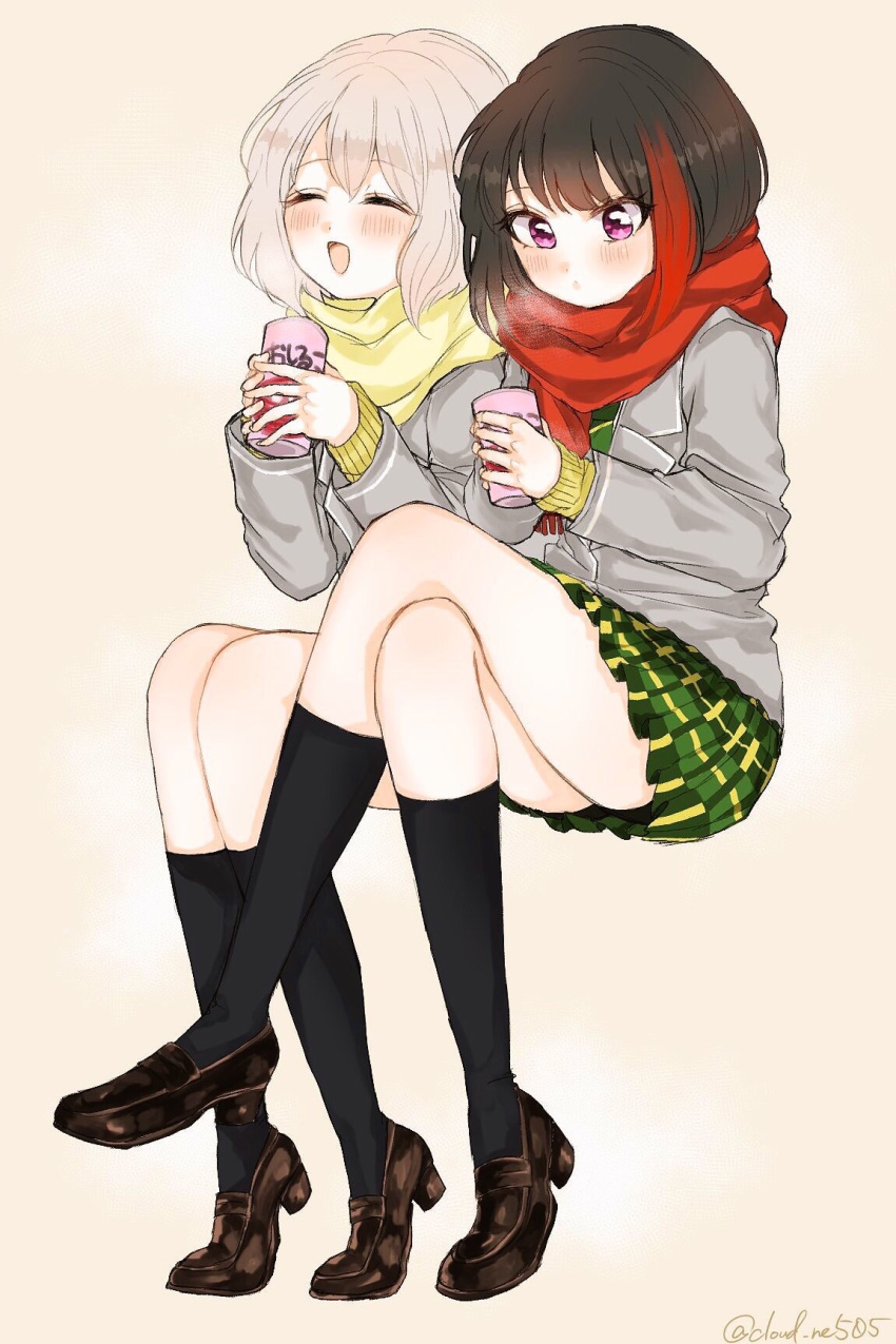 2girls, :d, ^_^, aoba_moca, bang_dream!, bang_dream!_girls_band_party!, beige_background, black_hair, black_socks, blazer, blush, bob_cut, can, chelsea_(cloud_re505), closed_eyes, commentary_request, crossed_legs, green_neckwear, green_skirt, grey_hair, grey_jacket, haneoka_school_uniform, highres, holding, holding_can, invisible_chair, jacket, kneehighs, loafers, long_sleeves, miniskirt, mitake_ran, multicolored_hair, multiple_girls, open_mouth, plaid_clothes, plaid_skirt, pleated_skirt, purple_eyes, red_hair, red_scarf, scarf, school_uniform, serafuku, shiruko_(food), shoes, short_hair, sitting, skirt, smile, socks, streaked_hair, twitter_username, yellow_scarf