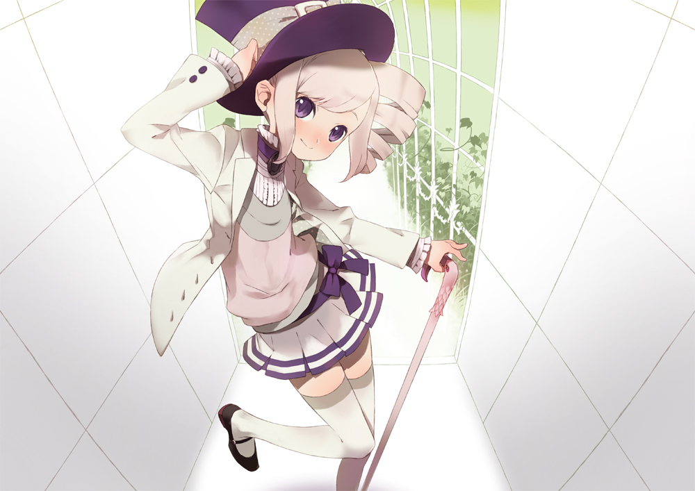 bad_id, bad_pixiv_id, blonde_hair, cane, drill_hair, hat, hat_tip, komagarita, komagata, original, purple_eyes, ribbon, short_hair, side_ponytail, skirt, solo, thighhighs, top_hat, zettai_ryouiki
