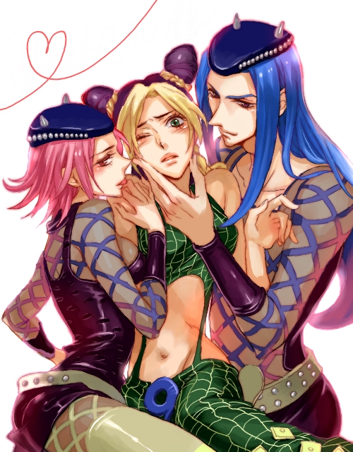 1boy, 2girls, bad_id, bad_pixiv_id, bisexual_female, blonde_hair, blue_hair, cone_hair_bun, double_bun, dual_persona, genderswap, genderswap_(mtf), hair_bun, heart, heart_of_string, jojo_no_kimyou_na_bouken, kuujou_jolyne, long_hair, matsuo_shin, midriff, multicolored_hair, multiple_girls, narciso_anasui, one_eye_closed, parody, pink_hair, short_hair, shoujo_kakumei_utena, simple_background, two-tone_hair, white_background