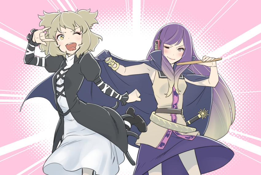 2girls, baton, belt, black_footwear, blonde_hair, boots, bracelet, brown_hair