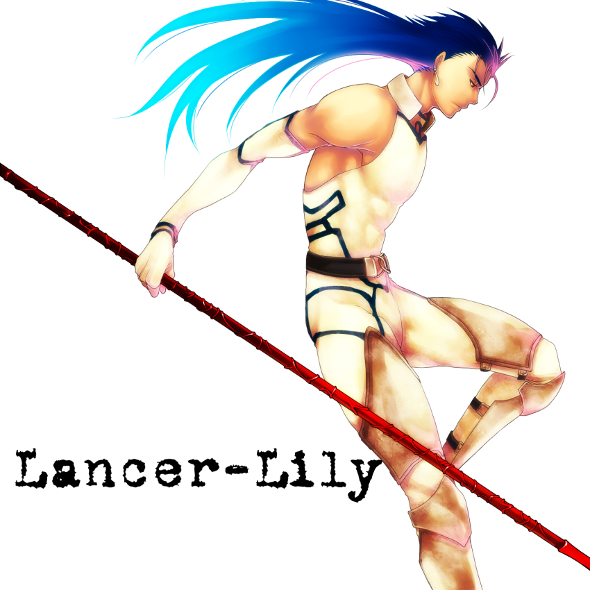 00s, 1boy, bad_id, bad_pixiv_id, bare_shoulders, belt, blue_hair, character_name, cu_chulainn_(fate), cu_chulainn_(lancer)_(fate), earrings, elbow_gloves, fate/stay_night, fate_(series), gae_bolg_(fate), gloves, highres, jewelry, lancer_lily, long_hair, male_focus, mullet, polearm, shin_guards, simple_background, solo, spear, type-moon, weapon, yu_(8dgc4mfc)