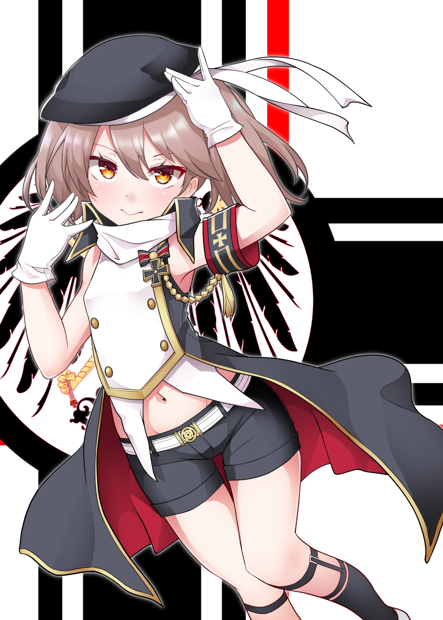1girl, arm_up, armband, arms_behind_head, azur_lane, belt, belt_buckle, black_legwear, black_shorts, brown_eyes, brown_hair, buckle, closed_mouth, commentary_request, cosplay, cross, emblem, feet_out_of_frame, female_focus, flat_chest, gloves, groin, hair_between_eyes, hand_up, head_tilt, highres, iron_cross, kantai_collection, kirigakure_(kirigakure_tantei_jimusho), long_hair, looking_at_viewer, midriff, navel, ryuujou_(kancolle), shirt, short_shorts, shorts, sleeveless, sleeveless_shirt, solo, twintails, v-shaped_eyebrows, white_belt, white_gloves, z1_leberecht_maass_(azur_lane), z1_leberecht_maass_(azur_lane)_(cosplay)