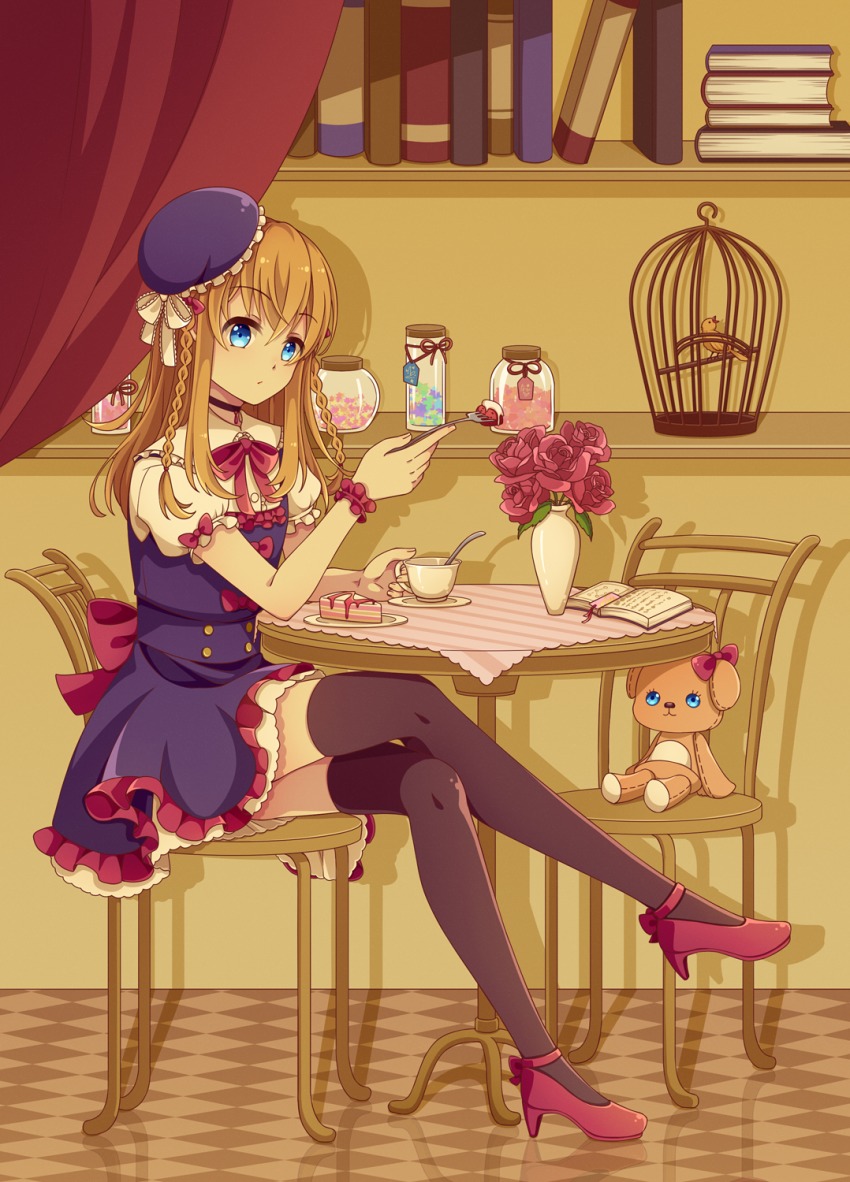 10s, 1boy, androgynous, bird, birdcage, black_thighhighs, blonde_hair, blue_eyes, book, bow, braid, cage, cake, chair, checkered_floor, choker, crossdressing, crossdressing_(mtf), cup, curtains, dress, flower, food, fork, fruit, hat, high_heels, highres, icece, jar, kiwame_(touken_ranbu), male_focus, midare_toushirou, puffy_short_sleeves, puffy_sleeves, pumps, red_flower, red_rose, rose, shelf, short_sleeves, sitting, solo, strawberry, stuffed_animal, stuffed_toy, table, teacup, teddy_bear, thighhighs, touken_ranbu, trap, twin_braids, vase