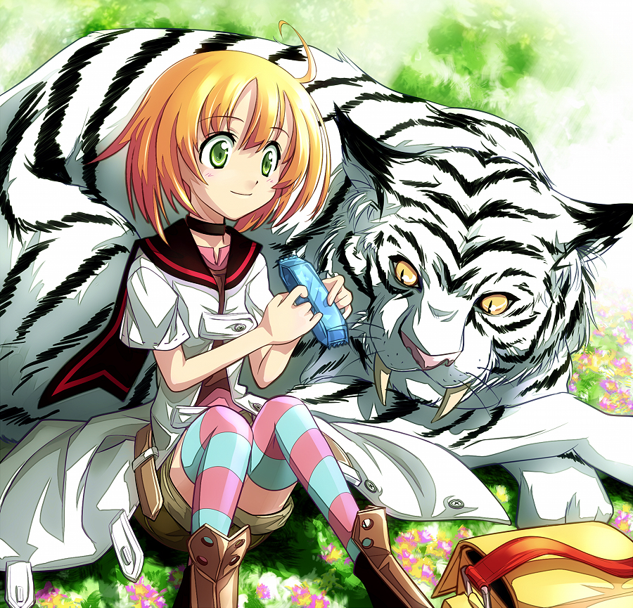 1girl, ahoge, armor, atlus, bag, belt, blonde_hair, blue_thighhighs