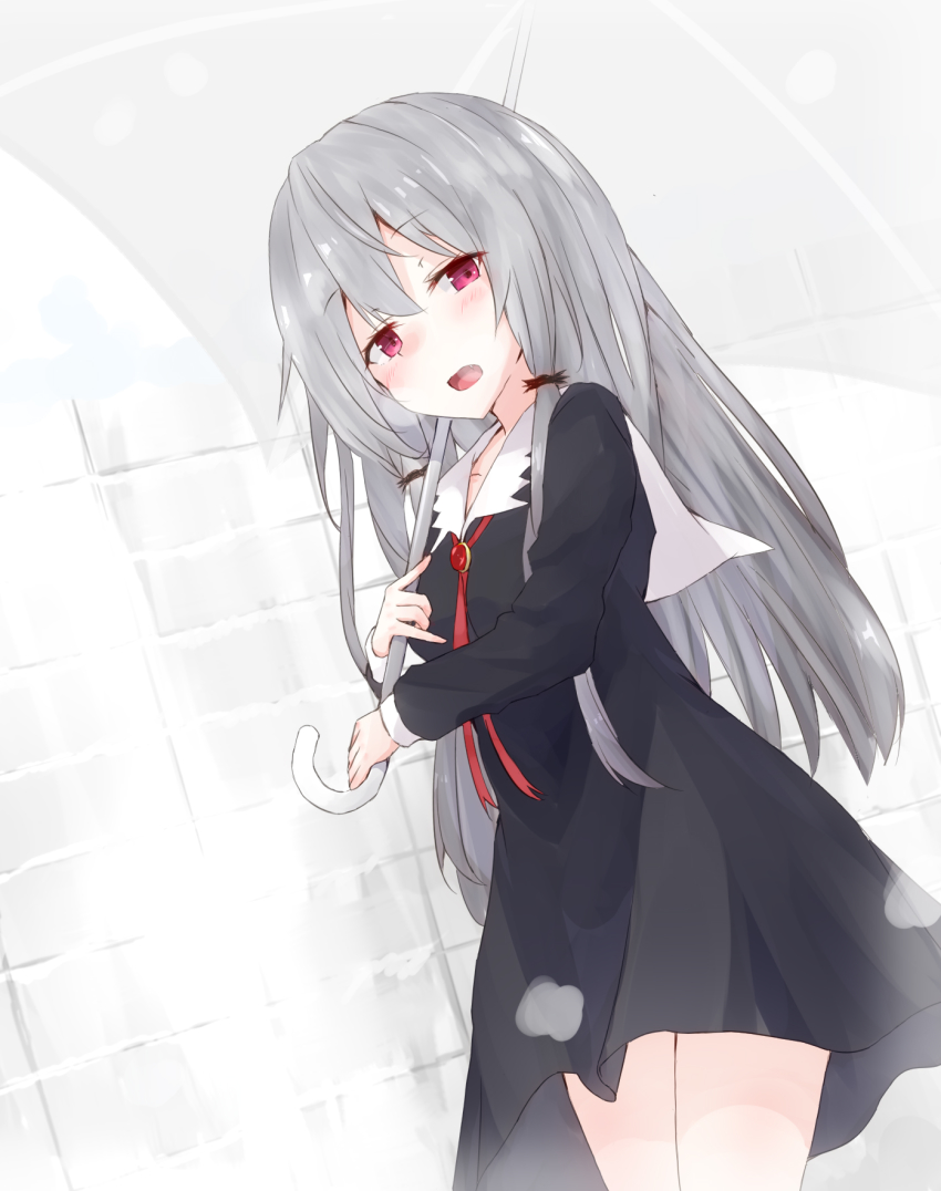 10s, 1girl, :o, black_dress, blush, collar, collarbone, collared_dress