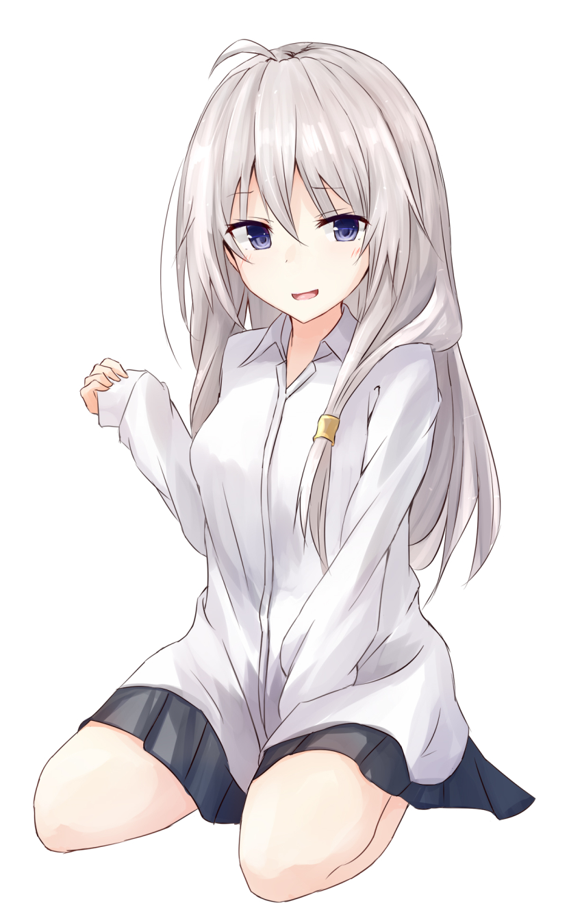 1girl, :d, ahoge, bare_legs, between_legs, black_skirt, blue_eyes, blush