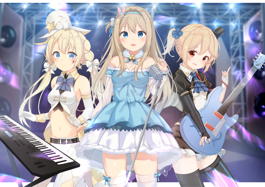 3girls, :d, absurdres, argyle_clothes, diamond_cutout, armpit_crease, ascot, asymmetrical_gloves, asymmetrical_legwear, baby_animal, bad_id, bad_pixiv_id, bare_shoulders, belt, bird, black_legwear, black_shirt, black_skirt, blonde_hair, blue_dress, blue_eyes, blue_flower, blue_neckwear, blue_ribbon, blurry, blurry_background, blush, bow, bowtie, braid, breasts, brown_hair, buttons, chick, closed_mouth, clothing_cutout, collared_shirt, colt_revolver_(girls'_frontline), colt_revolver_(queen_of_miracles)_(girls'_frontline), commentary, crop_top, detached_collar, detached_sleeves, dress, elbow_gloves, electric_guitar, fingerless_gloves, flower, frilled_dress, frilled_skirt, frills, fur_trim, girls'_frontline, glint, gloves, groin, guitar, hair_flower, hair_intakes, hair_ornament, hair_ribbon, hairband, hand_up, hat, highres, holding, holding_instrument, huge_filesize, idol, index_finger_raised, instrument, juliet_sleeves, keyboard_(instrument), long_hair, long_sleeves, looking_at_viewer, medium_breasts, microphone, microphone_stand, midriff, mini_hat, mini_top_hat, miniskirt, mismatched_gloves, mismatched_legwear, multiple_girls, nagant_revolver_(astral_bond)_(girls'_frontline), nagant_revolver_(girls'_frontline), navel, off-shoulder_dress, off_shoulder, official_alternate_costume, one_side_up, open_mouth, pants, plectrum, pom_pom_(clothes), ponytail, puffy_sleeves, rabbit_hair_ornament, red_eyes, ribbon, shirt, short_hair, short_ponytail, side-by-side, sidelocks, single_elbow_glove, skirt, small_breasts, smile, snowflake_hair_ornament, speaker, stage_lights, standing, star_(symbol), striped_clothes, striped_gloves, striped_legwear, striped_thighhighs, suomi_(girls'_frontline), suomi_(korvatunturi_pixie)_(girls'_frontline), tareme, thighhighs, tilted_headwear, top_hat, twintails, vertical-striped_clothes, vertical-striped_thighhighs, white_gloves, white_hat, white_legwear, white_pants, white_ribbon, white_shirt, xue_lu, zettai_ryouiki