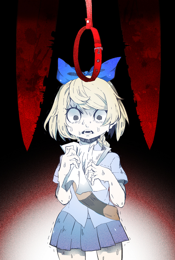 1girl, backpack, bad_id, bad_pixiv_id, bag, blood, blood_splatter, blue_ribbon