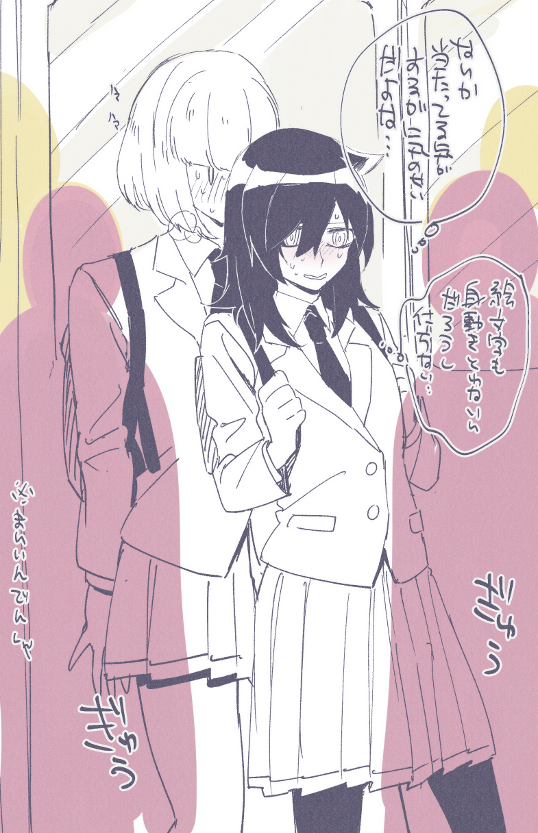 0_0, 2girls, blazer, blush, commentary, gaa_(butsugen), heavy_breathing, hidden_face