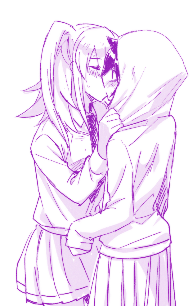 2girls, blush, borrowed_clothes, clothes_grab, commentary, cowboy_shot, dress_shirt, closed_eyes