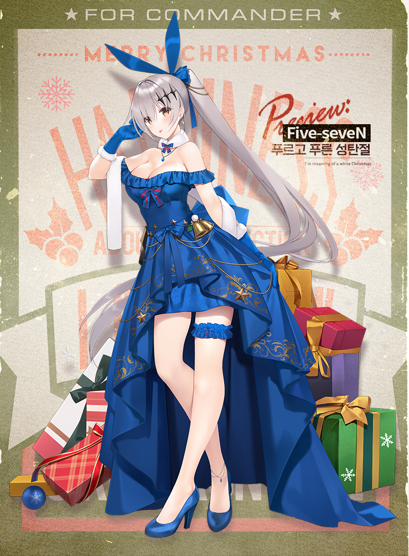 1girl, :p, anklet, arm_up, bare_shoulders, bell, blue_bow, blue_dress, blue_footwear, blue_gem, blue_gloves, blue_ribbon, blush, bow, breasts, brown_eyes, character_name, cleavage, crescent, crescent_earrings, dress, earrings, female_focus, five-seven_(blue_christmas)_(girls'_frontline), five-seven_(girls'_frontline), frilled_thigh_strap, full_body, fur-trimmed_gloves, fur_scarf, fur_trim, gem, gift, girls'_frontline, gloves, hair_between_eyes, hair_ornament, hair_ribbon, hand_up, high_heels, jewelry, jingle_bell, large_breasts, long_hair, looking_at_viewer, necklace, off-shoulder_dress, off_shoulder, official_alternate_costume, official_art, ponytail, ribbon, scarf, sidelocks, silver_hair, solo, suisai_(suisao), thigh_strap, thighs, tongue, tongue_out, very_long_hair, white_scarf