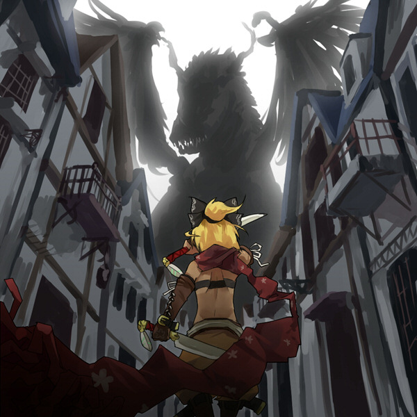 1girl, 7th_dragon, 7th_dragon_(series), back, dark-skinned_female, dark_skin, dragon, fantasy