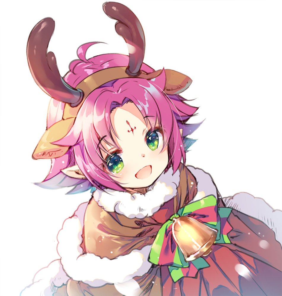 1girl, antlers, bell, bow, cape, facial_mark, fae_(fire_emblem), fae_(winter)_(fire_emblem), female_focus, fire_emblem, fire_emblem:_the_binding_blade, fire_emblem_heroes, forehead_mark, fur_trim, green_eyes, horns, miwabe_sakura, nintendo, open_mouth, pointy_ears, purple_hair, reindeer_antlers, short_hair, simple_background, solo, upper_body, white_background