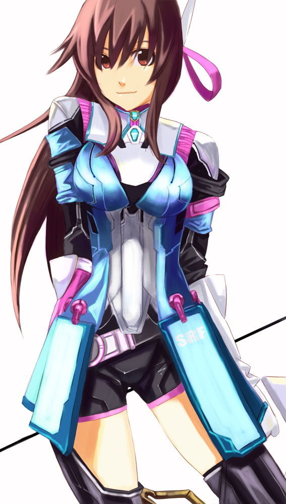 1girl, bad_id, bad_pixiv_id, bow_(weapon), brown_eyes, brown_hair, female_focus, kuro_(1968), kuro_(artist), long_hair, ponytail, ribbon, saionji_reimi, shorts, solo, star_ocean, star_ocean:_the_last_hope, thighhighs, weapon