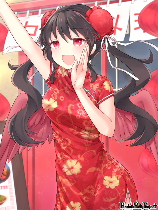 1girl, :d, arm_up, black_hair, blush, bun_cover, china_dress, chinese_clothes