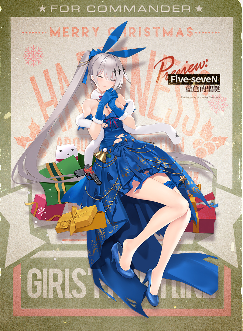 1girl, :p, anklet, arm_up, bare_shoulders, bell, blue_bow, blue_dress, blue_footwear, blue_gem, blue_gloves, blue_ribbon, blush, bow, breasts, character_name, cleavage, crescent, crescent_earrings, damaged, dress, earrings, facing_viewer, feet, female_focus, five-seven_(blue_christmas)_(girls'_frontline), five-seven_(girls'_frontline), fn_five-seven, frilled_thigh_strap, full_body, fur-trimmed_gloves, fur_scarf, fur_trim, gem, gift, girls'_frontline, gloves, gold_trim, gun, hair_between_eyes, hair_ornament, hair_ribbon, handgun, high_heels, jewelry, jingle_bell, large_breasts, long_hair, navel, necklace, off-shoulder_dress, off_shoulder, official_alternate_costume, official_art, own_hands_together, pdw-caliber_pistol, pistol, ponytail, red_bow, ribbon, scarf, shoe_dangle, sidelocks, silver_hair, solo, stuffed_animal, stuffed_toy, suisai_(suisao), thigh_strap, thighs, tongue, tongue_out, torn_clothes, very_long_hair, weapon, white_scarf