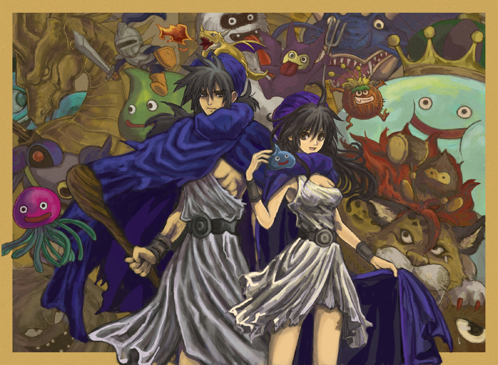 1boy, 1girl, bad_id, bad_pixiv_id, black_hair, borongo, brownie_(dragon_quest), cape, dragon, dragon_quest, dragon_quest_v, dual_persona, gender_request, genderswap, healslime, hero_(dq5), imp_(dragon_quest), king_slime_(dragon_quest), long_hair, slime_(dragon_quest), slime_knight, small_fry_(dragon_quest), staff, t_jam, turban